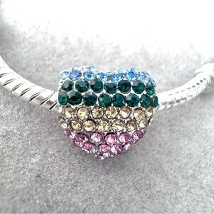Rainbow Rhinestone Love Heart Bead Charm fits PANDORA